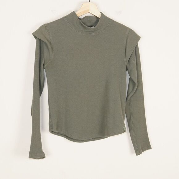 Free People Green Mock Neck Thermal Long Sleeve Shirt Padded Shoulder Top XS - Picture 1 of 7